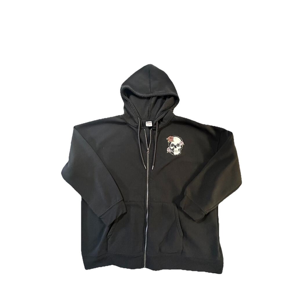 No Boundaries Women’s 3X Plus Black Hoodie Zip Up Sweatshirt Skull Embroidered